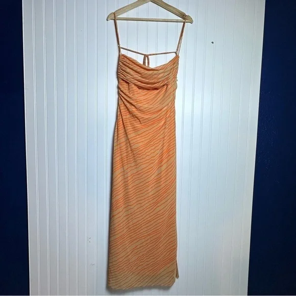 Zara Draped printed orange tulle Elegant Peach Spaghetti Strap Dress XL NWT - Picture 2 of 16